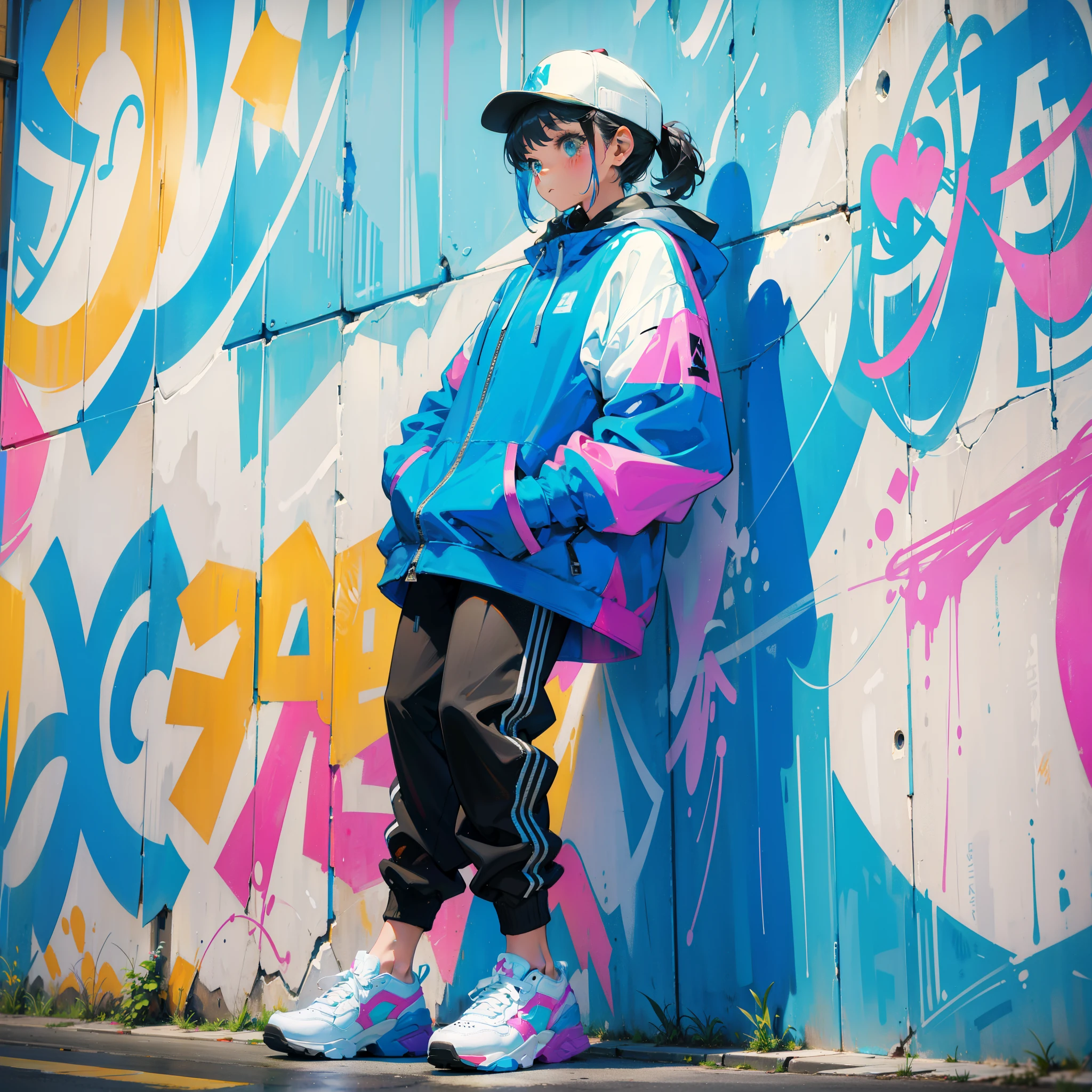 A cool beauty and colorful sneakers、Graffitied wall