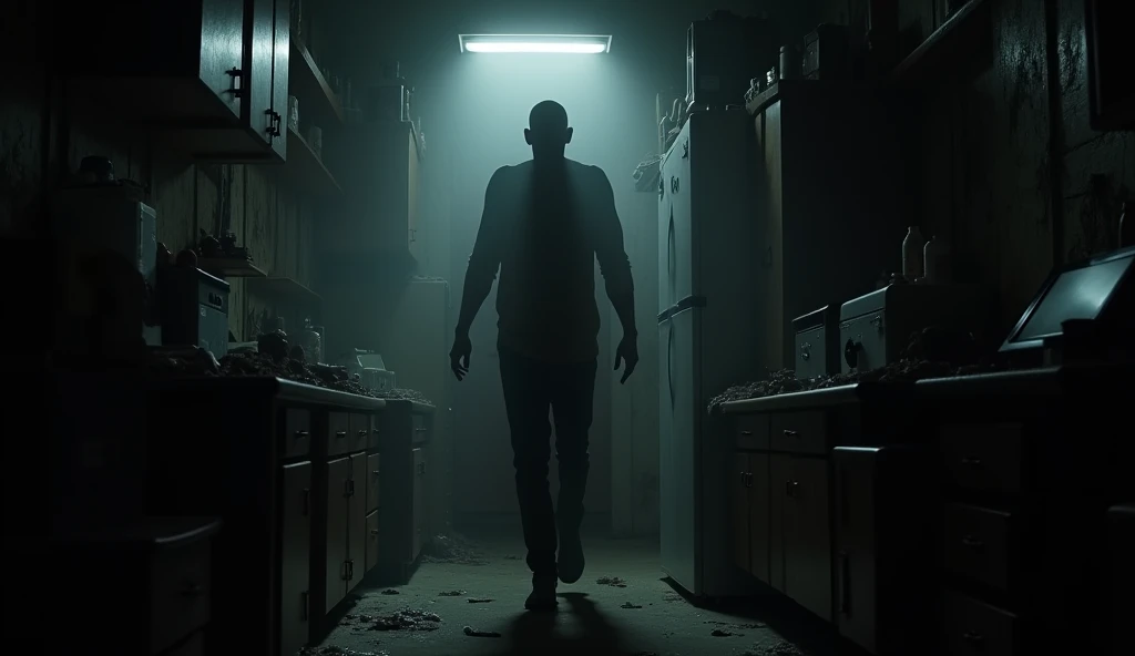"A shadowy, cluttered room filled with dark corners and unsettling shadows. A
dark, tall figure with an inhuman quality emerges from the darkness, moving with
unnatural speed. The atmosphere is tense and filled with a sense of impending danger."