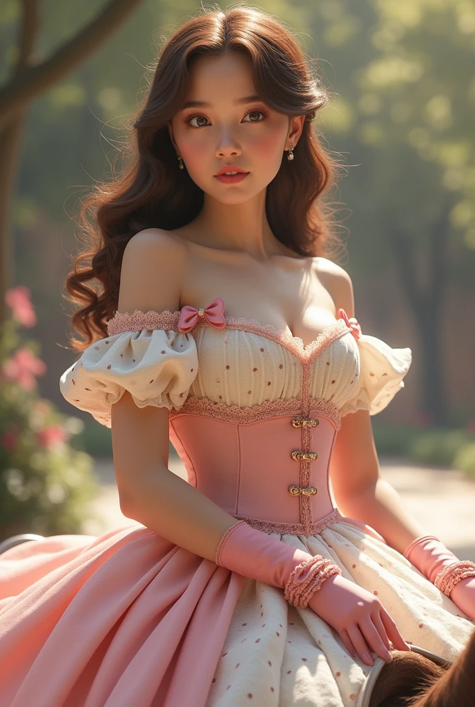 A brown-haired girl wearing a charming cream and pink dress. The bodice was a milky white covered in delicate black dots and lined with pink lace.; the bustles had stylish bows of the same color, she rides, chic, it was textured pink silk. The dress also covered her hands with buttoned gloves..