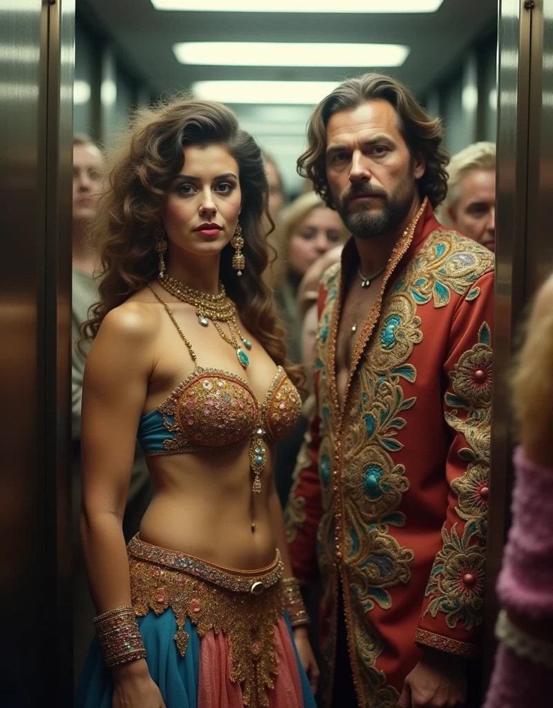 there are two people dressed in costumes standing next to each other, tom bagshaw and sabbas apterus, still from a music video, she is dressed as a belly dancer, group of people in an elevator, 7 0 s visuals, fantastic details full faces, still frame from a movie, medieval peasants, fashion week backstage, by Andrei Kolkoutine, boho, preraphaelite  