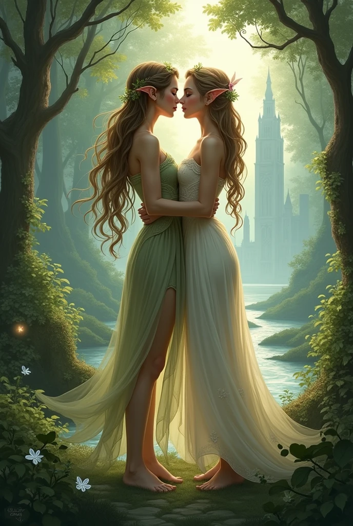 Make a cover for a romance book between two young elves, a wood elf and an iron city elf.