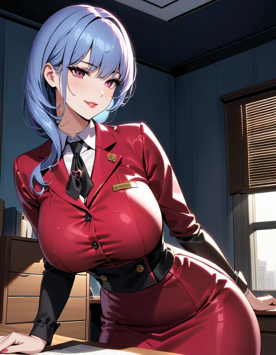 A sultry secretary, with bewitching charm and wicked intent, manipulates her team from behind the scenes, framed in a dimly lit office with a sleek wooden desk. Wet black lips curve into a sly smile as she dictates every move, her curves showcased against the rich wood tone. Her male colleagues, blinded by lust, follow her every command, oblivious to the destruction she brings, siphoning company resources to enrich herself and firing inconvenient women along the way.