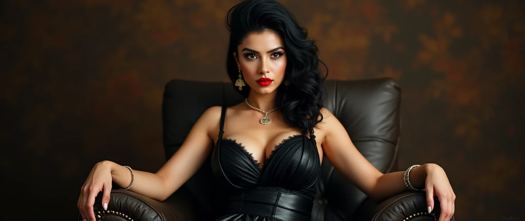 A full-body portrait of wolf cut hairstyle erotic hindu wife, sitting on chair, front facing, 4K, wide angle camera view, super realistic, huge breast, super big fake lips red lipstick super hot sexy tight figure delicious body black saree bra sexy body, full body