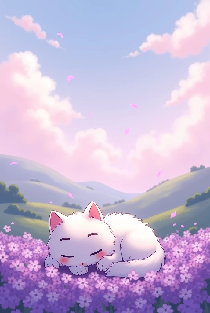 a white cat sitting in a field of purple flowers, anime visual of a cute cat, fluffy pink anime clouds, 🌸 🌼 💮, kawaii aesthetic, pink clouds background, pink cloud background, fluffy pastel clouds, kawaii vibe, soft aesthetic, scenery wallpaper aesthetic, peaceful clouds, anime nature wallpap, cloud background, melancholy pastel art, pastel simple art