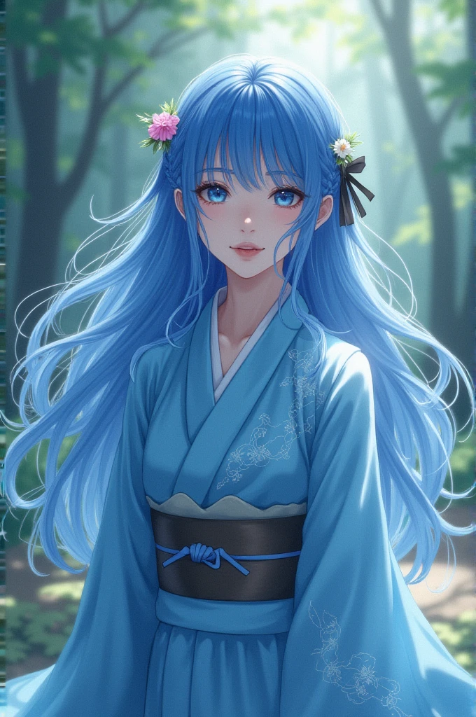 Blue hair, blue eyes, wearing a yukata