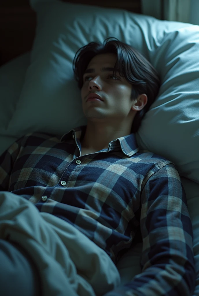 1 man, young man, 2, Leon S. Kennedy from the movie "Resident Evil 4", Eudard Badaluta's face, solo,Dark brown hair, Curtain hairstyle, plaid shirt, lying on the bed, sporty, volumetric lighting, depth of field