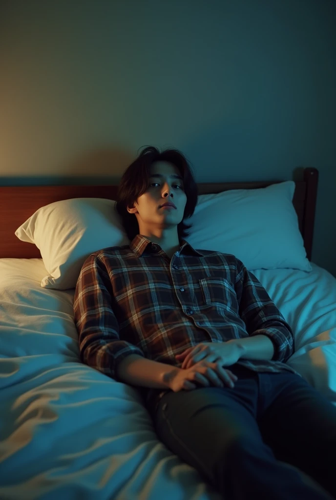 1 man, young man, 2, Leon S. Kennedy from the movie "Resident Evil 4", Eudard Badaluta's face, solo,Dark brown hair, Curtain hairstyle, plaid shirt, lying on the bed, sporty, volumetric lighting, depth of field