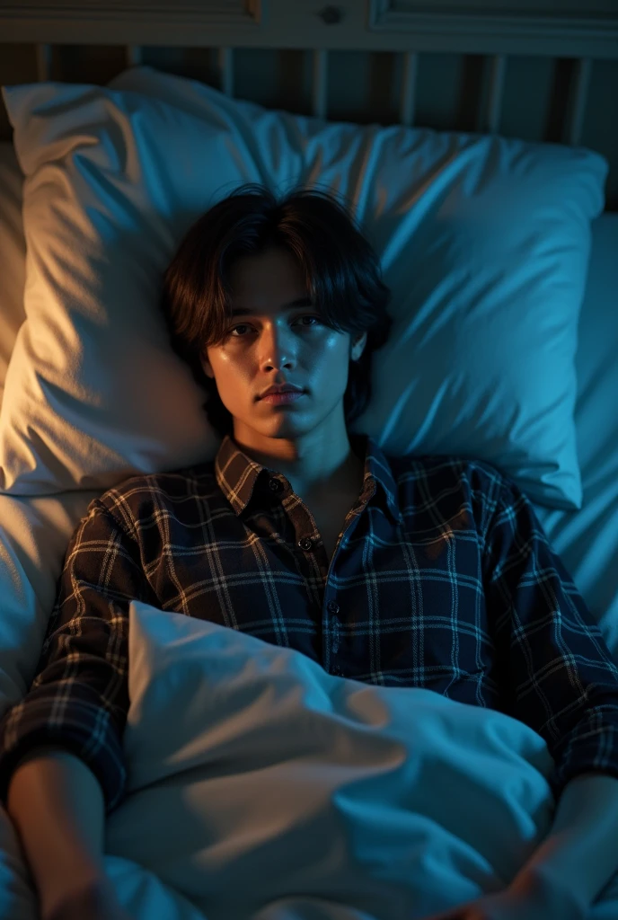 1 man, young man, 2, Leon S. Kennedy from the movie "Resident Evil 4", Eudard Badaluta's face, solo,Dark brown hair, Curtain hairstyle, plaid shirt, lying on the bed, sporty, volumetric lighting, depth of field