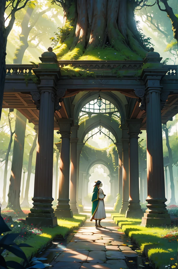 We arrived at a huge tree, inside the tree was a wooden palace, with caramangeis that seemed to have been outlined by someone, we realized it was a palace, a palace tree, in a garden the first impression is of unparalleled visual splendor. The sun shines softly through the lush leaves, creating a play of light and shadow on the ground covered in vibrant green moss. The view is lost in a symphony of colors: the fruits, in shades of red, golden and green, hang from the branches, as flowers in a myriad of shapes and hues bloom in a floral kaleidoscope. Ao longe, the rivers sparkle, gently meandering, its water reflecting the sunlight in a silvery sheen