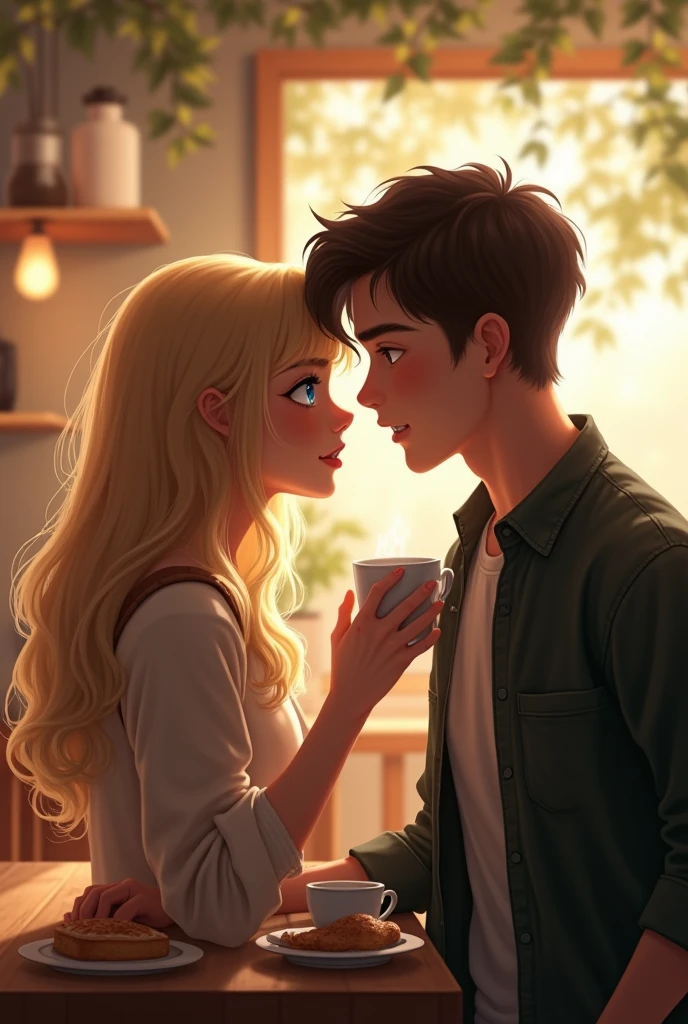 They are in a cafeteria a blonde girl with blue eyes and a very handsome boy who are about to kiss