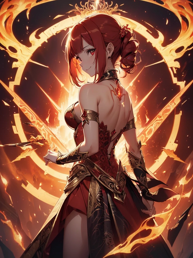 (((best quality, sharp image, clear image, cinematic lighting, 8k resolution, masterpiece, ultra detailed, intricate))) Girl, sorcerer, cute, intricate dress, smiling, fiery red, ((intricate background)), (rune frame), dimension, ((shot from behind)), fire sigils, chaotic background, ((half-body shot))