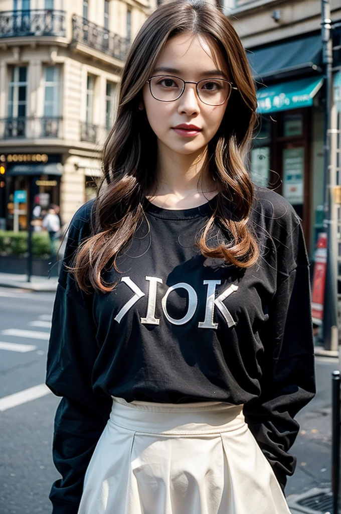 Photo of a beautiful woman standing on a street corner, (masterpiece:1.2, highest quality), (Realistic, photoRealistic:1.4), Beautiful illustrations, (Natural Side Lighting, Cinema Lighting), Written boundary depth, Beautiful thighs staring at the viewer, (((Face Focus, Upper Body))), 1 female, 30-year-old, alone, thin, slender, small breasts!!!, short hair, curly hair, Forehead, thin, slender, (((glasses))), long sleeve T-shirt, Skinny skirt, Are standing, Paris on a clear day with park in the foreground, portrait