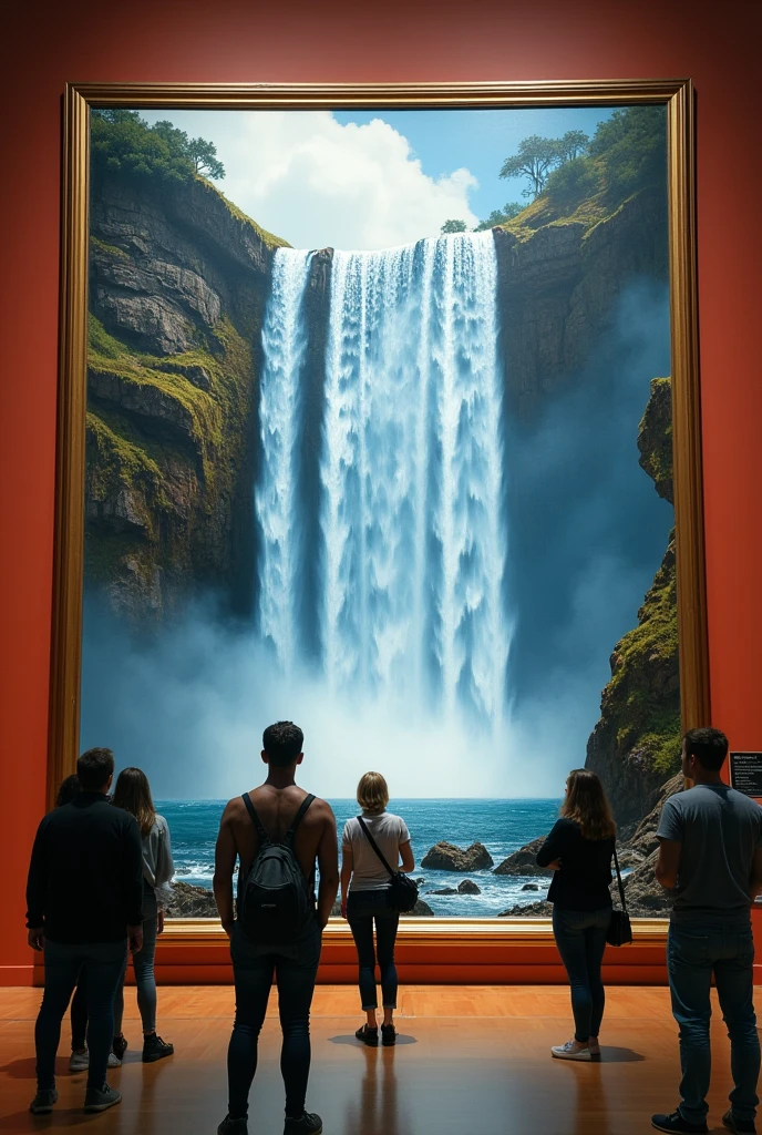 A masterpiece. An art gallery. There is a painting on the wall. Lukisan itu menggambarkan air terjun yang beautiful. Water from the waterfall flows smoothly from the painting directly onto the floor in the gallery hall.. Gallery visitors look at the painting. fantastic, beautiful, realistic. Gaya AlVision