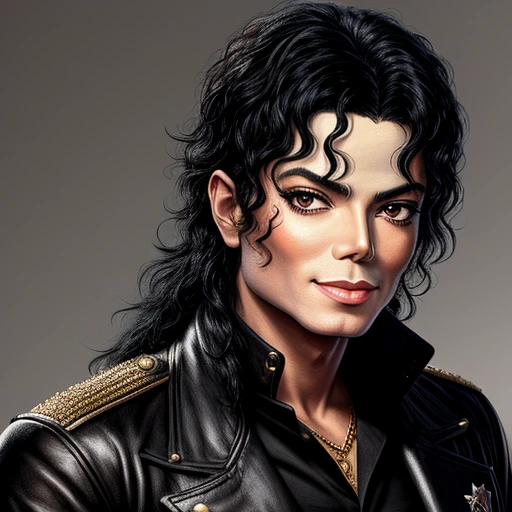 Michael Jackson with (black hair), Classic heroic style, looking closely at the camera, Classic heroic style, Fantasy, excellent UHD quality, realistic style.