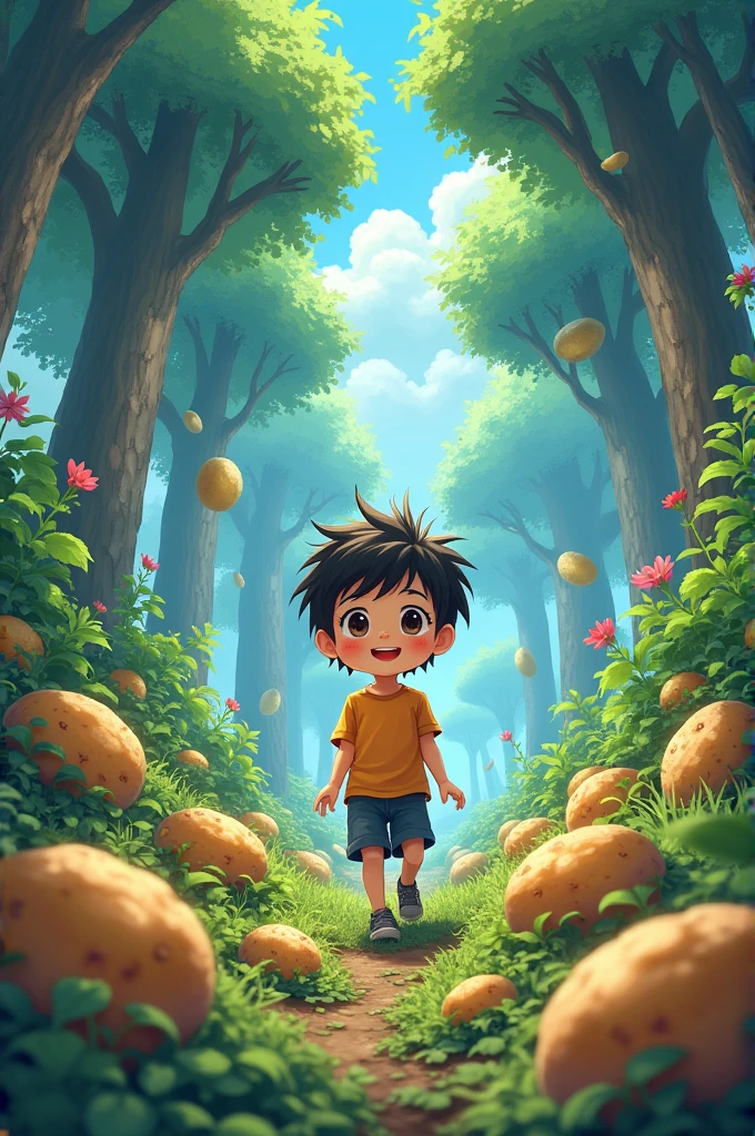 Anime-like image of a boy exploring a magical forest full of potatoes