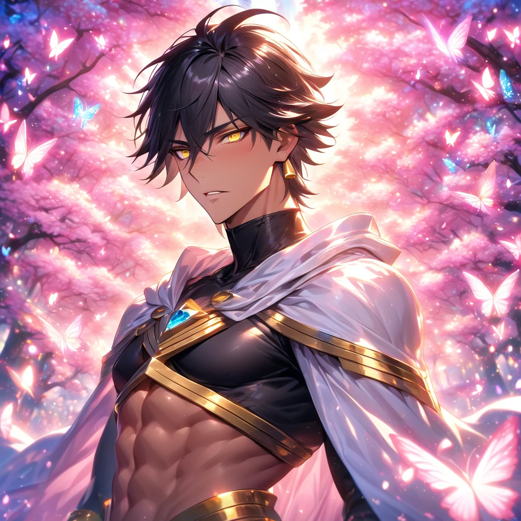 High resolution, ultra detailed, high quality, absurd resolution, HDR, best quality, master piece, detailed eyes, delicated features, tanned skin, Ozymandias, black hair, expressive yellow eyes, Fate Grand Order, solo, sexy man, handsome, sensual, adult face, white cape, black sleeveless choli, fantasy, magical, pink flowers, pink glittering butterflies, cherry blossoms, pink water, particles, crystal light