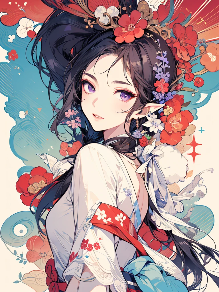 masterpiece, Highest quality, One girl, Super detailed, Ultra-high resolution, Distinct facial features, Anatomically correct, pretty girl, Long pointy ears, Fairy, Nice face, Black Hair, Purple Eyes, full body, White T-shirt, jeans, Ukiyo-e,