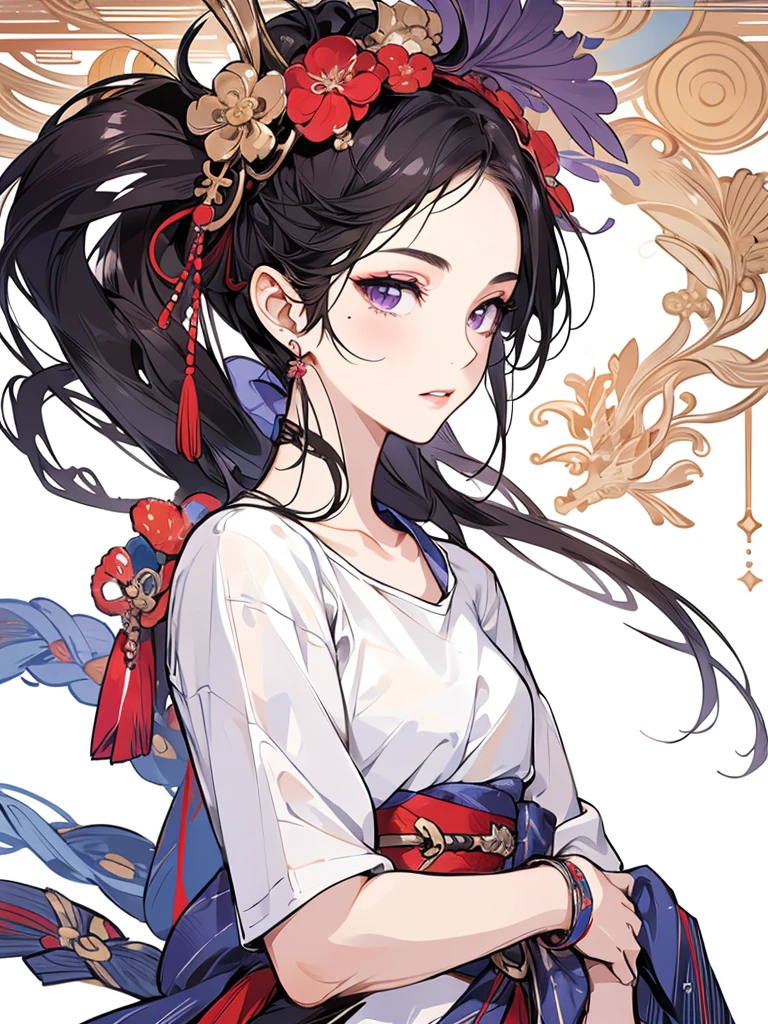 masterpiece, Highest quality, One girl, Super detailed, Ultra-high resolution, Distinct facial features, Anatomically correct, pretty girl, Long pointy ears, Fairy, Nice face, Black Hair, Purple Eyes, full body, White T-shirt, jeans, Ukiyo-e,