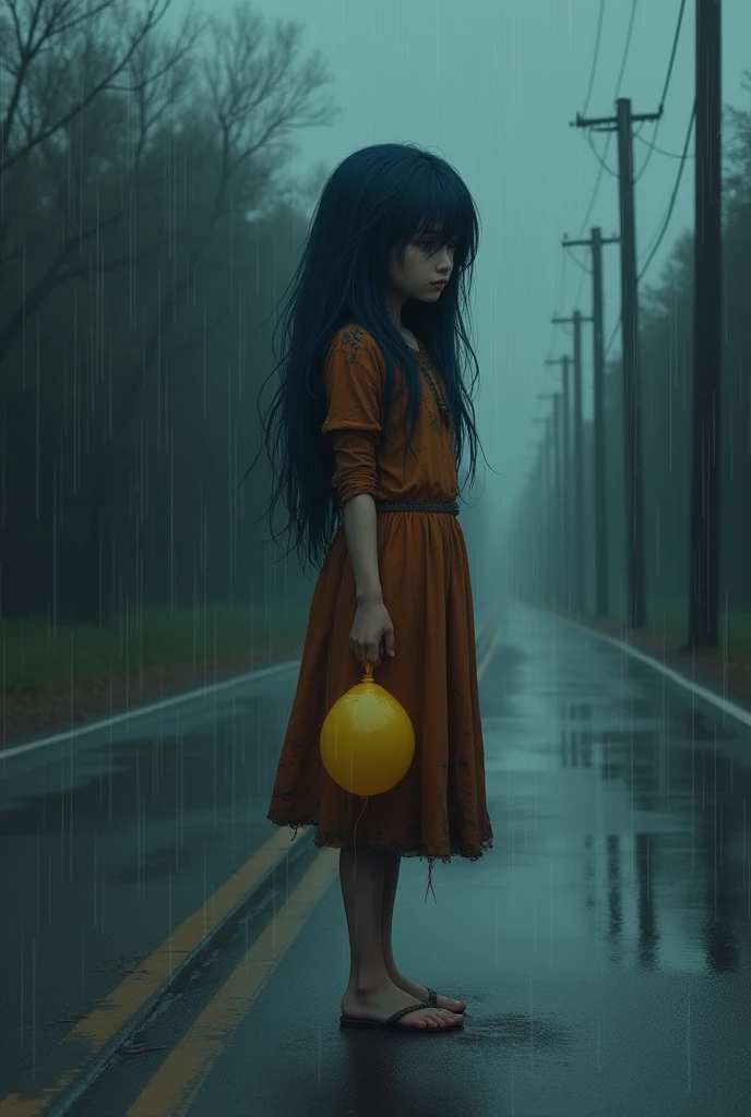 Middle of the rainy midnight there is with long blue dark hair with her pony covering her right eye dirty orange brown dress standing on the middle of road while holding a yellow ballon