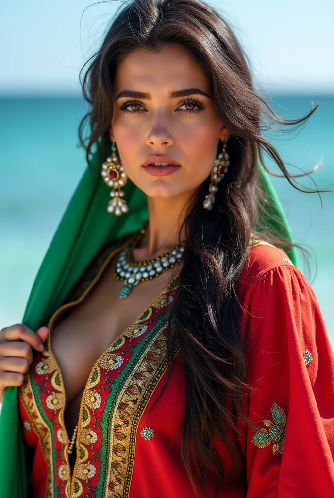 Close up, beautiful and attractive woman, plump, wearing a Kabyle, Berber, Amazigh costume, woman holding the Algerian flag over her shoulders, bijou, Kabyle dress, attractive, high resolution, best, oudiya, Amazigh costume, beautiful blue beach background.