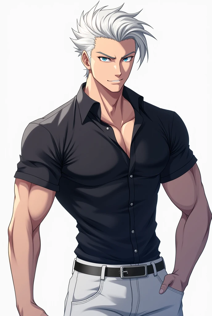 Anime Characters Shapes: Use the hourglass figure—it shows off broad shoulders and a narrow waist. Clothing: Wearing a black shirt and white pants, hairstyle: White hair, undercut—short sides and longer top, eyes: Sparkling blue color characteristics: Make the character handsome and have a good figure—with well-defined muscles.