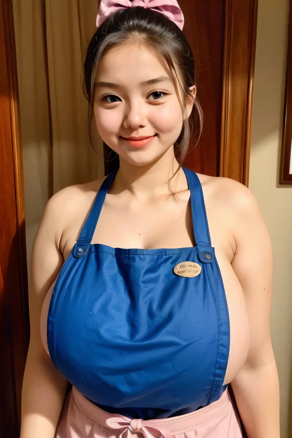 adorable, 1 girl, (face to face), , baby face, happy, medium portrait, (face details: 1), (eye details:1), ((naked big breasts)). wearing ((mini apron)), Cute posed. proportional body. Ultra High Res. realistic: 1.4, UHD, poke a bun Hairstyle , ((GIGANTIC:1.45))
