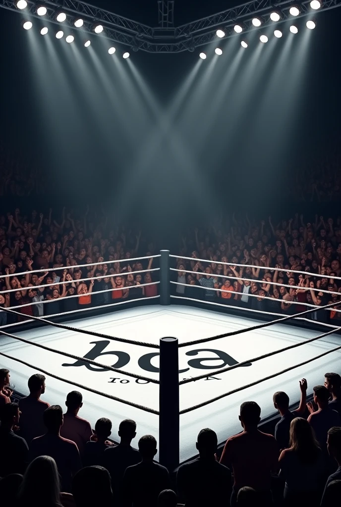 Fighting ring, the stage is white and in the center the following words are written in Portuguese (" BDA 10 years") . Instead of ropes are bars . The posts are black and the following words are written on them in Portuguese ("BDA 10 years"). The ring is empty with no fighters and the crowd is cheering wildly