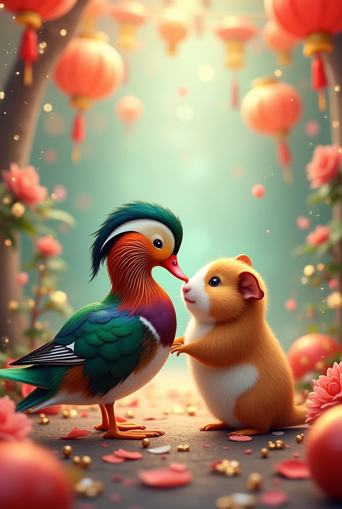 un canard mandarin et un cochon d'Inde amoureux, à une fête colorée