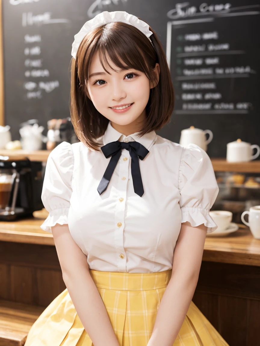 1 girl、(RAW Photos、Highest quality)、(Real、フォトReal:1.4)、Tabletop、Very delicate and beautiful、Very detailed、2k wallpaper、wonderful、Detailed、Very detailedCG Unity 8k壁紙、Super detailed、Age 25、(Yellow waitress outfit)、Pleated skirt、Frillsスカート、Big Breasts、Perfect Style、Frills、ribbon、Soft Light、Beautiful detailed girl、Bob Hair、Puff sleeves、Waitress in a café、smile、Happy Face、coffee shop