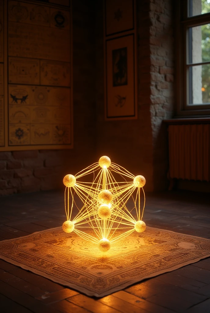 In a room with walls covered in ancient grimoires and astrological charts, a powerful geometric symbol glows softly on the floor. It is the Metatron Cube, a sacred figure made up of thirteen spheres perfectly arranged in a complex, harmonious pattern.