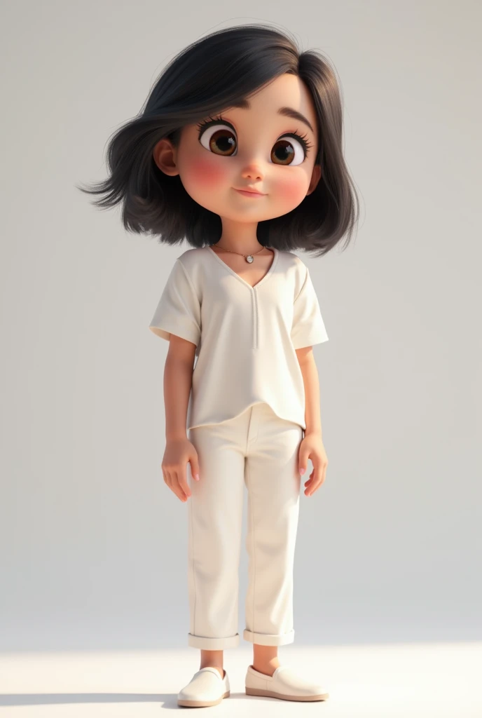 Riley from inside out wearing white v neck shirt, white pants, and white shoes