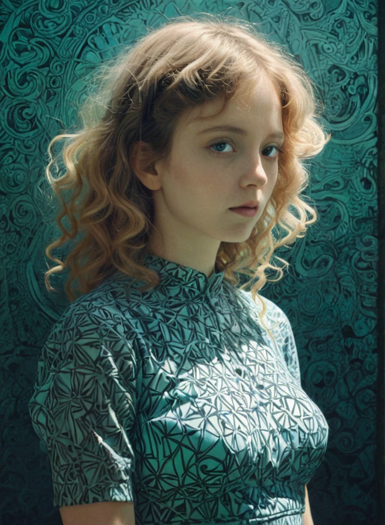 Velvia, Realism, graphic print, surreal, klimt,Breakcore, Sunlight, Reflected light, Berlin Secession, delicate, Hellenistic hair styled as French crop, Zentangle, anaglyph effect, elegant dress, face portrait