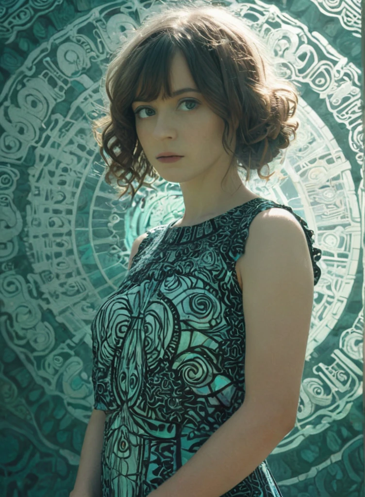 Velvia, Realism, graphic print, surreal, klimt,Breakcore, Sunlight, Reflected light, Berlin Secession, delicate, Hellenistic hair styled as French crop, Zentangle, anaglyph effect, elegant dress, face portrait