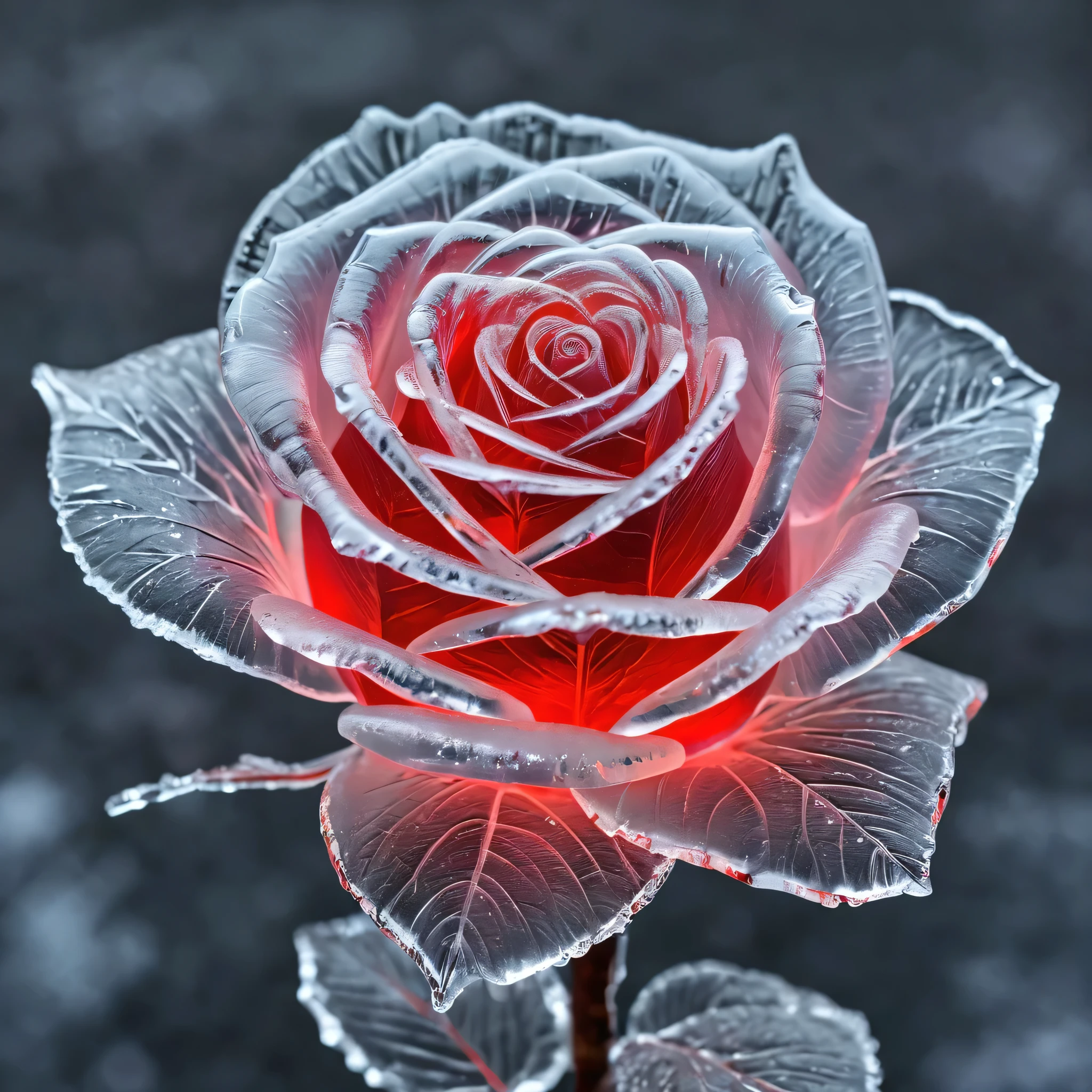 a rose made out of ice in the style of ice art, icy, ice carving, frozen art, translucent sculpture, ice texture, ice replica, glowing red neon color palette
