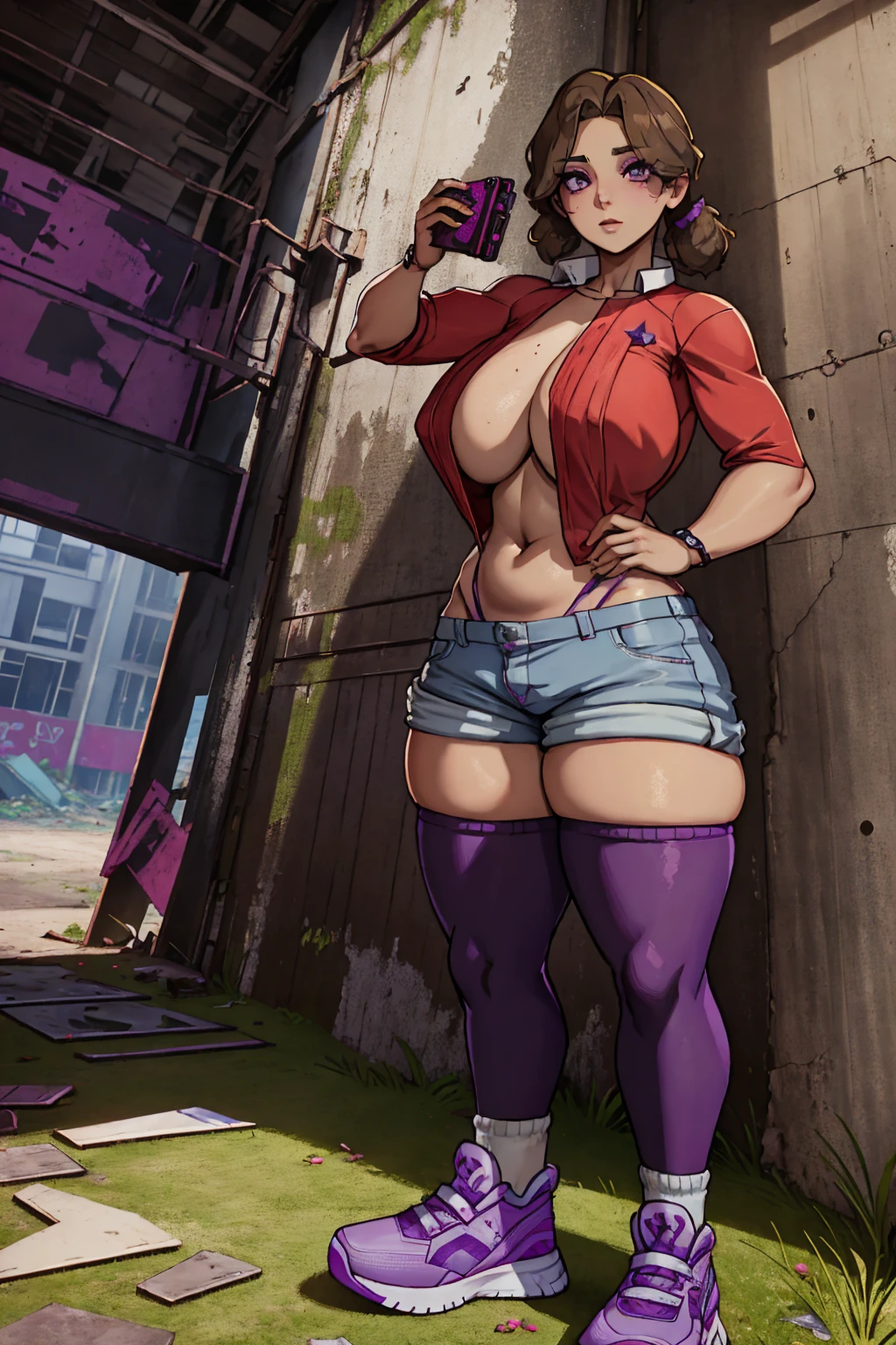 Cassie, Purple Eyeshadow，Red Shirt，shorts，sports shoes，Extra large chest，Breast augmentation，Full body photo of a person standing in an abandoned factory taking a selfie with his mobile phone
