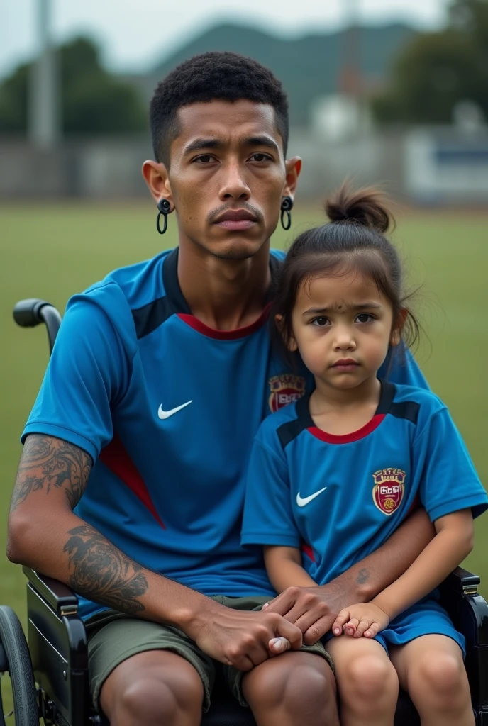 Javier, twenty six years old Colombian man, sad and deep look - Thin body due to his Leukemia - Tattooed arms - Soccer field stadium - With a blue shirt, his favorite team 'boca junior'-black expanders or piercings in your ears - Short hair - Dark circles under his eyes - Sitting in a wheelchair - Looking at the camera to speak directly and sitting on his lap is his eldest fourteen-year-old daughter wearing the same blue shirt as her father with her favorite team with a sad and resigned look. I like this photo, but I want to take the girl off her shoulders and put her standing on her right side at the height of her head.
 