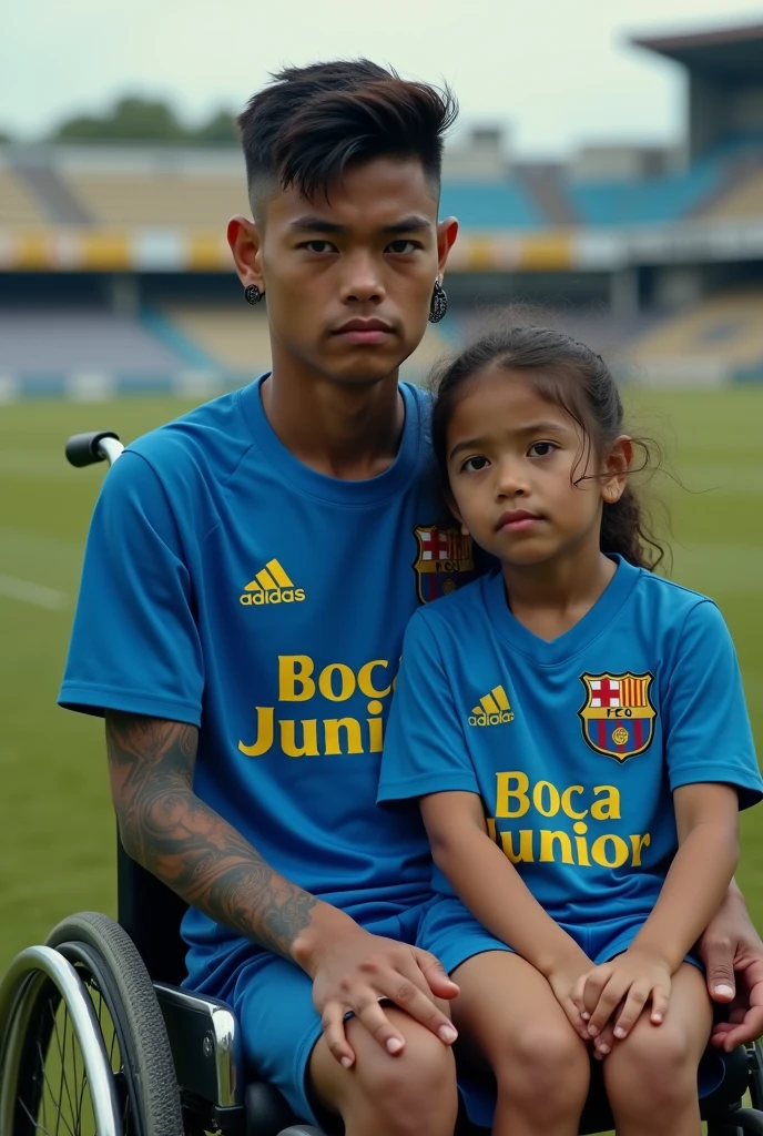 Javier, twenty six years old Colombian man, sad and deep look - Thin body due to his Leukemia - Tattooed arms - Soccer field stadium - With a blue shirt, his favorite team 'boca junior'-black expanders or piercings in your ears - Short hair - Dark circles under his eyes - Sitting in a wheelchair - Looking at the camera to speak directly and sitting on his lap is his -year-old daughtearinhe same blue shirt as her father with her favorite team with a sad and resigned look. I like this photo, but I want to take the girl off her shoulders and put her standing on her right side at the height of her head.
 