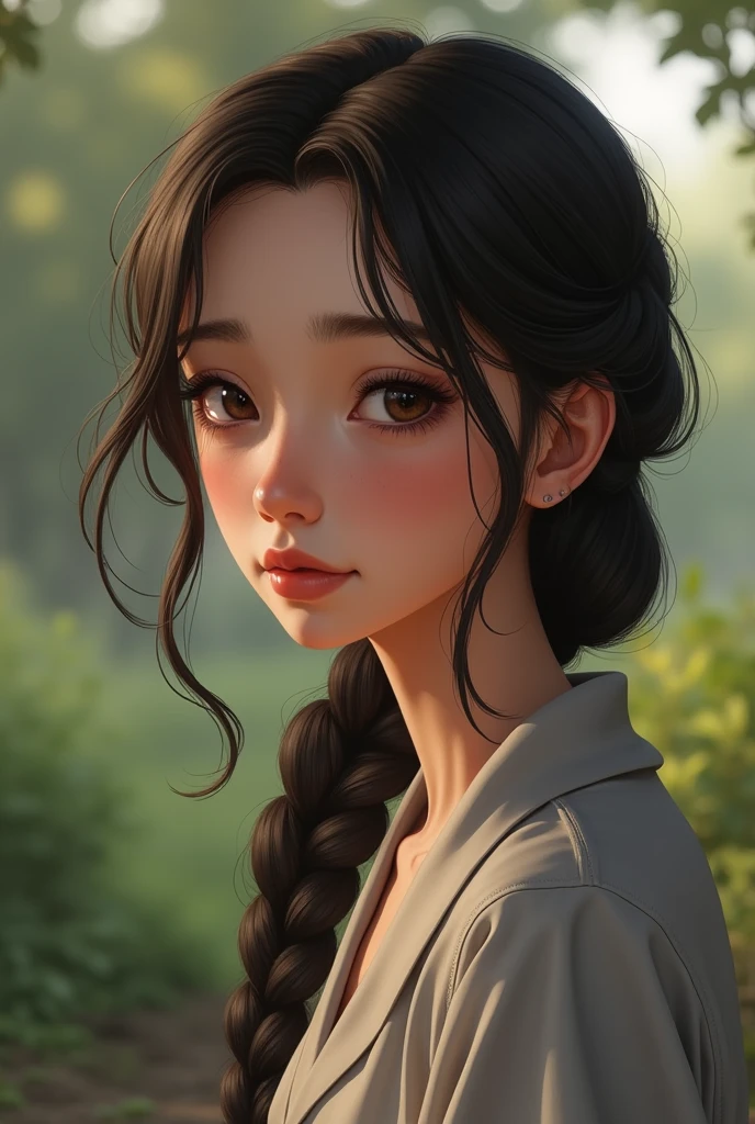 A ager with all her hair tied back in a braid