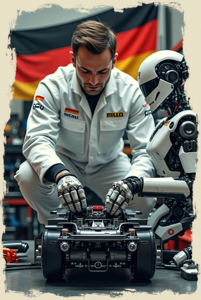 a picture Collage that include a picture of a car engine, robot, engineer and a german flag