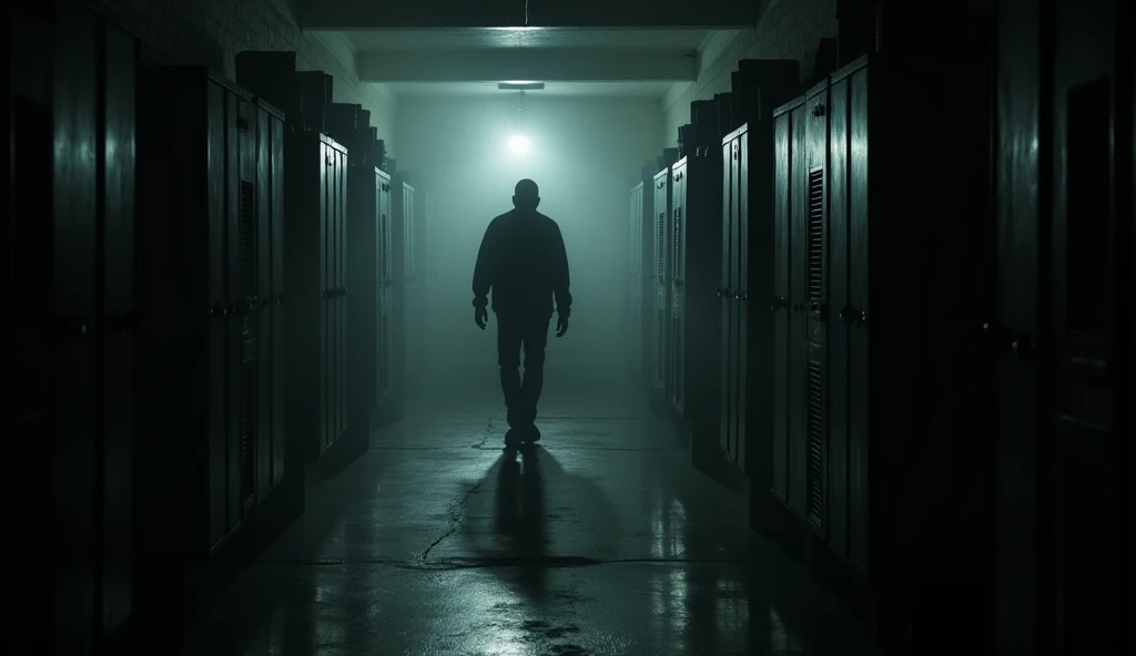 "A shadowy, wide cluttered dormitory room filled with dark corners and unsettling shadows. A
dark, tall figure with an inhuman quality emerges from the darkness, moving with
unnatural speed. The atmosphere is tense and filled with a sense of impending danger."