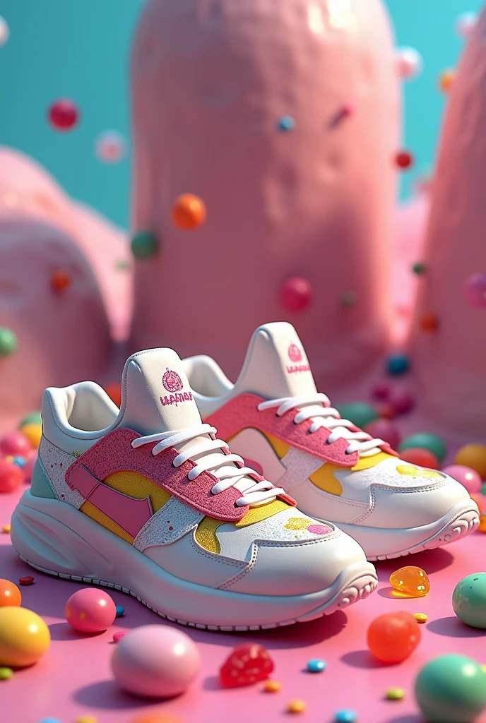 Imagine some almost realistic sneakers inspired by candies, if possible add a lot of color and lots of candies with an incredible background 