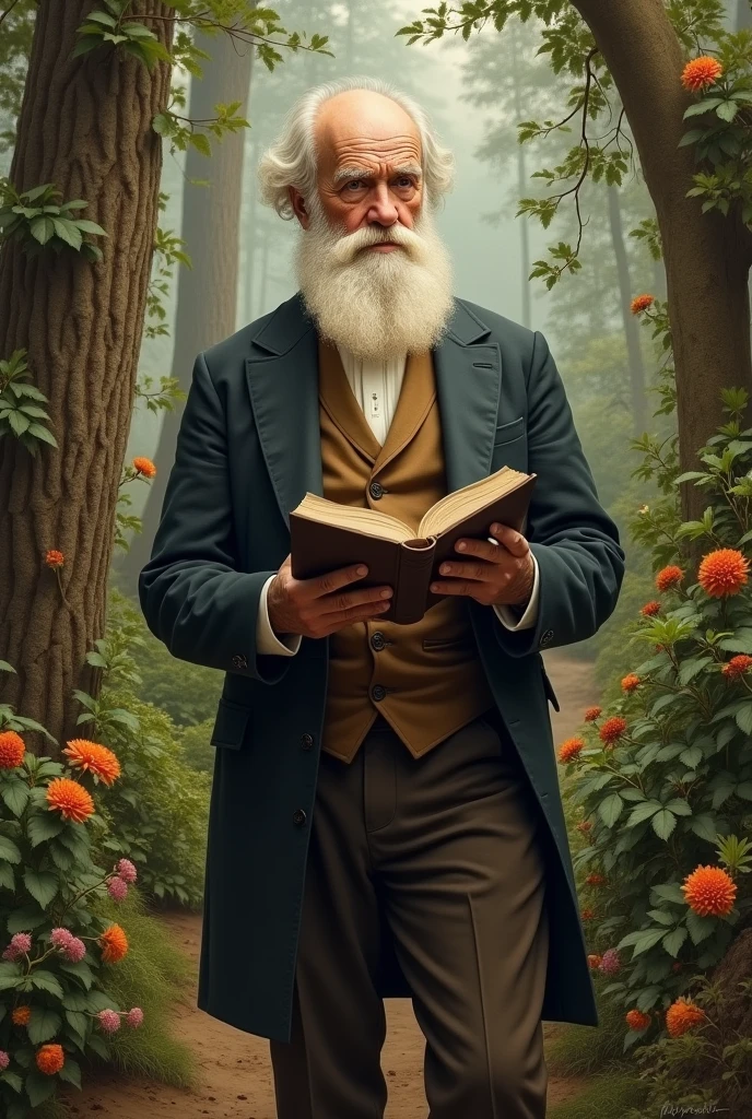 Charles Darwin in 19th century clothing, holding a book and observing the nature around him.