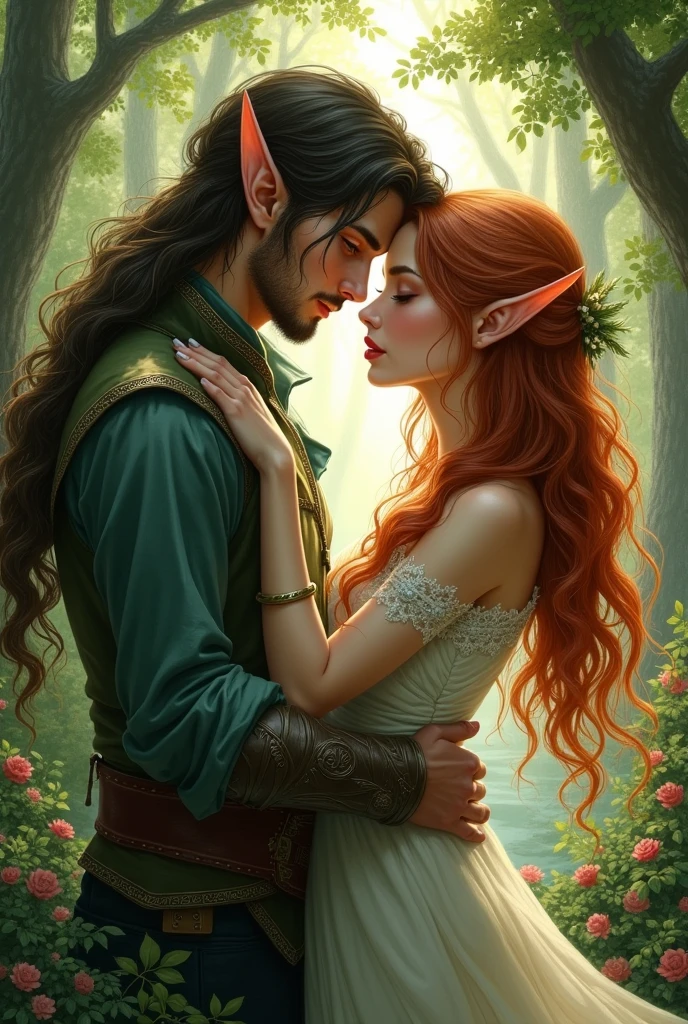 Make a cover for a romance book between a wood elf and an iron city elf