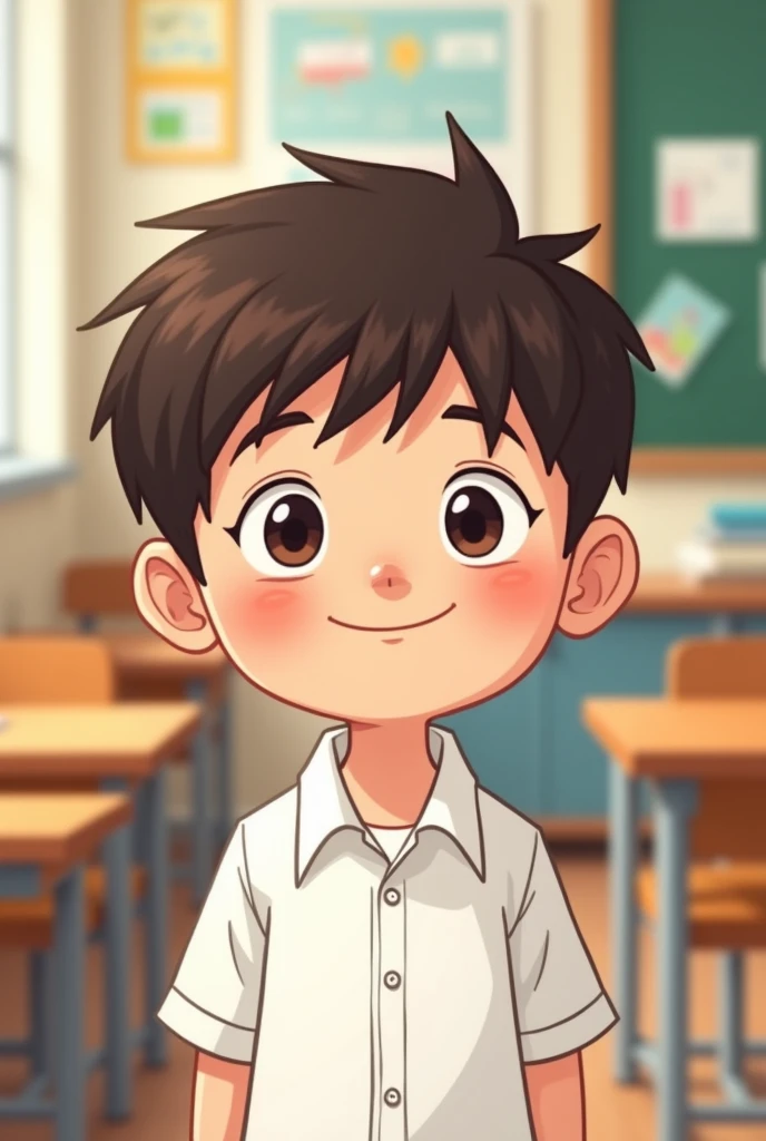 Cartoon of a boy in a classroom with a white shirt uniform, dark brown hair, small nose, small lips, and light skin color