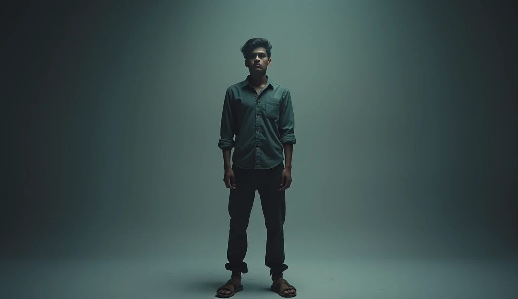 Create 20 years old a very good looking boy standing at studio room, wearing chappal in feet , he is very stressed, 8k very ultra realistic, cinematic vibe and modify it according to your perspective 