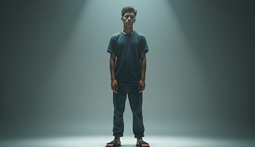 Create 20 years old a very good looking boy standing at studio room, wearing chappal in feet , he is very stressed, 8k very ultra realistic, cinematic vibe and modify it according to your perspective