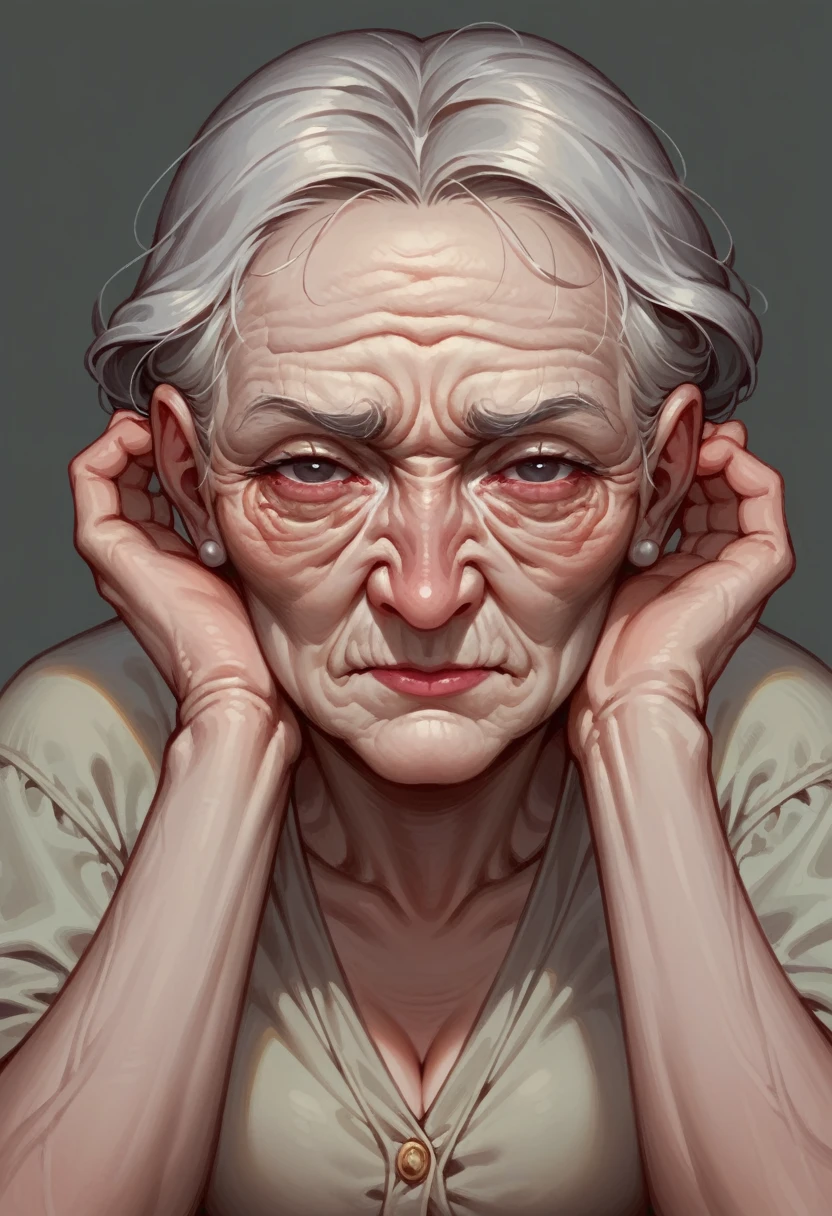 score_9, score_8_up, score_7_up,1girl, solo, woman elderly wrinkles, gray background, (both hand on breasts gripping bending over head down in front of viewer close up viewing top of head_scalp)