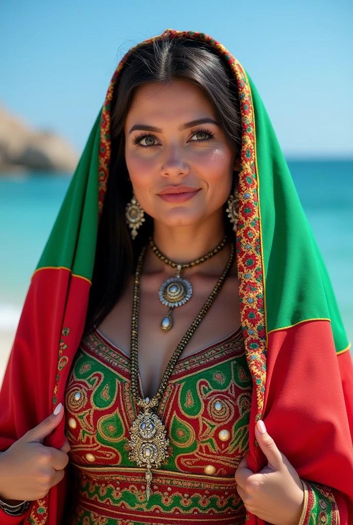 Close up, beautiful and attractive woman, plump, wearing a Kabyle, Berber, Amazigh costume, woman holding the Algerian flag over her shoulders, bijou, Kabyle dress, attractive, high resolution, best, oudiya, Amazigh costume, beautiful blue beach background.