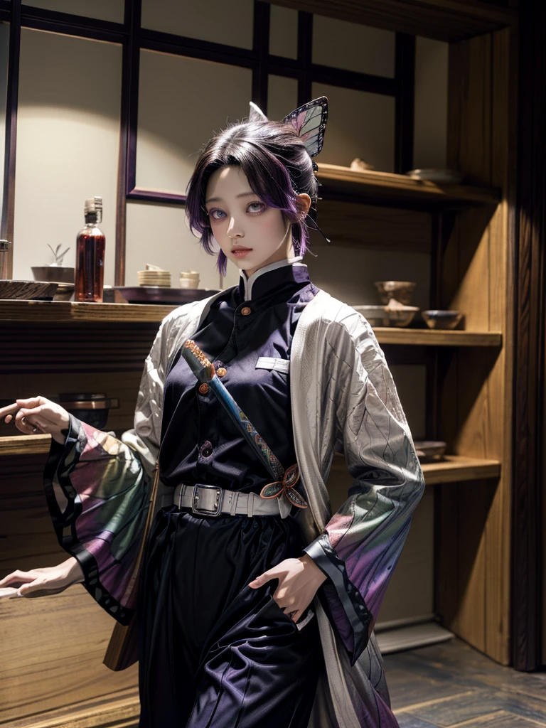 masterpiece, Highest quality, High resolution, One person, alone, kochou shinobu, Butterfly Hair Ornament, Purple eyes, Multicolored Hair, short hair, Parted bangs, Haori, Wide sleeves, Long sleeve, Black trousers, Black jacket, belt, Cowboy Shot, Have a weapon, sword