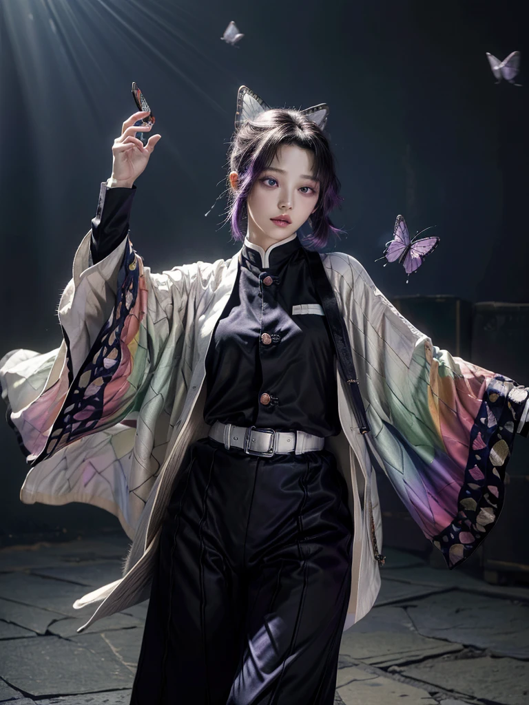masterpiece, Highest quality, High resolution, One person, alone, kochou shinobu, Butterfly Hair Ornament, Purple eyes, Multicolored Hair, short hair, Parted bangs, Haori, Wide sleeves, Long sleeve, Black trousers, Black jacket, belt, Cowboy Shot, Have a weapon, sword